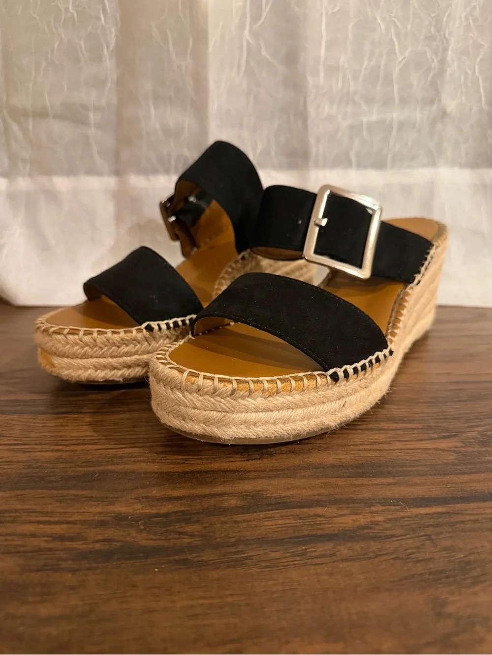 Black Suede Buckle Espadrille Slide Sandals - Women